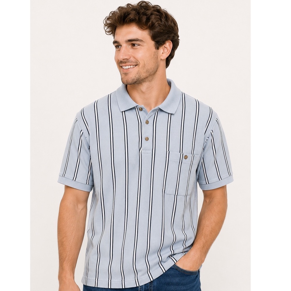 Vintage Haband Casual Joe Mens Med Blue Striped‎ Short Sleeve Polo Shirt Pocket
